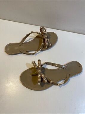 Pearl-Embellished Taupe Jelly Flip Flop Sandals Sz 38